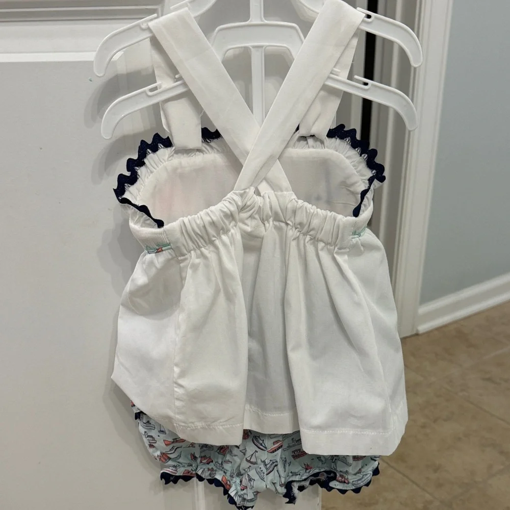 Sailboat Smocked Girls Outfit - White and Navy